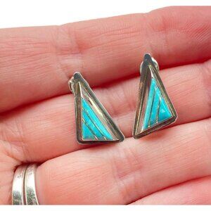 RWAJ Signed Sterling Silver 925 Turquoise Inlay Triangle Stud Earrings Vintage